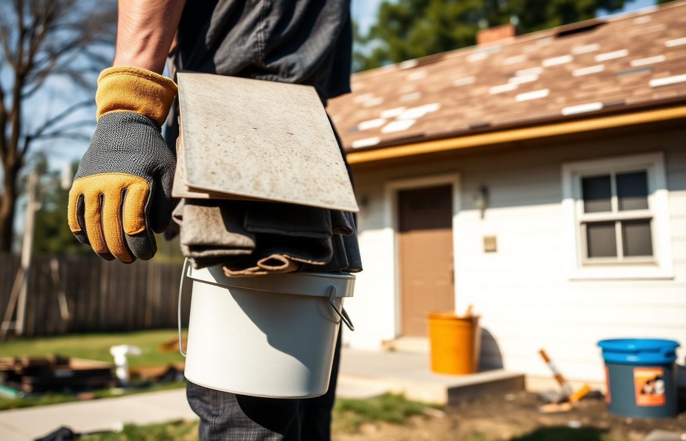 Persona con guantes de trabajo llevando materiales y un balde hacia una vivienda en reparación